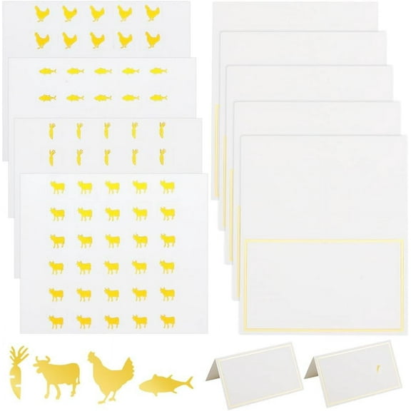 240pcs 4 Style Gold Meal Sticker 0.4 Inch with 60pcs Table Place Cards Food Choice Sticker Set Cow/Chicken/Fish/Carrot Wedding Meal Stickers with Blank Table Cards for Wedding Party Supplies