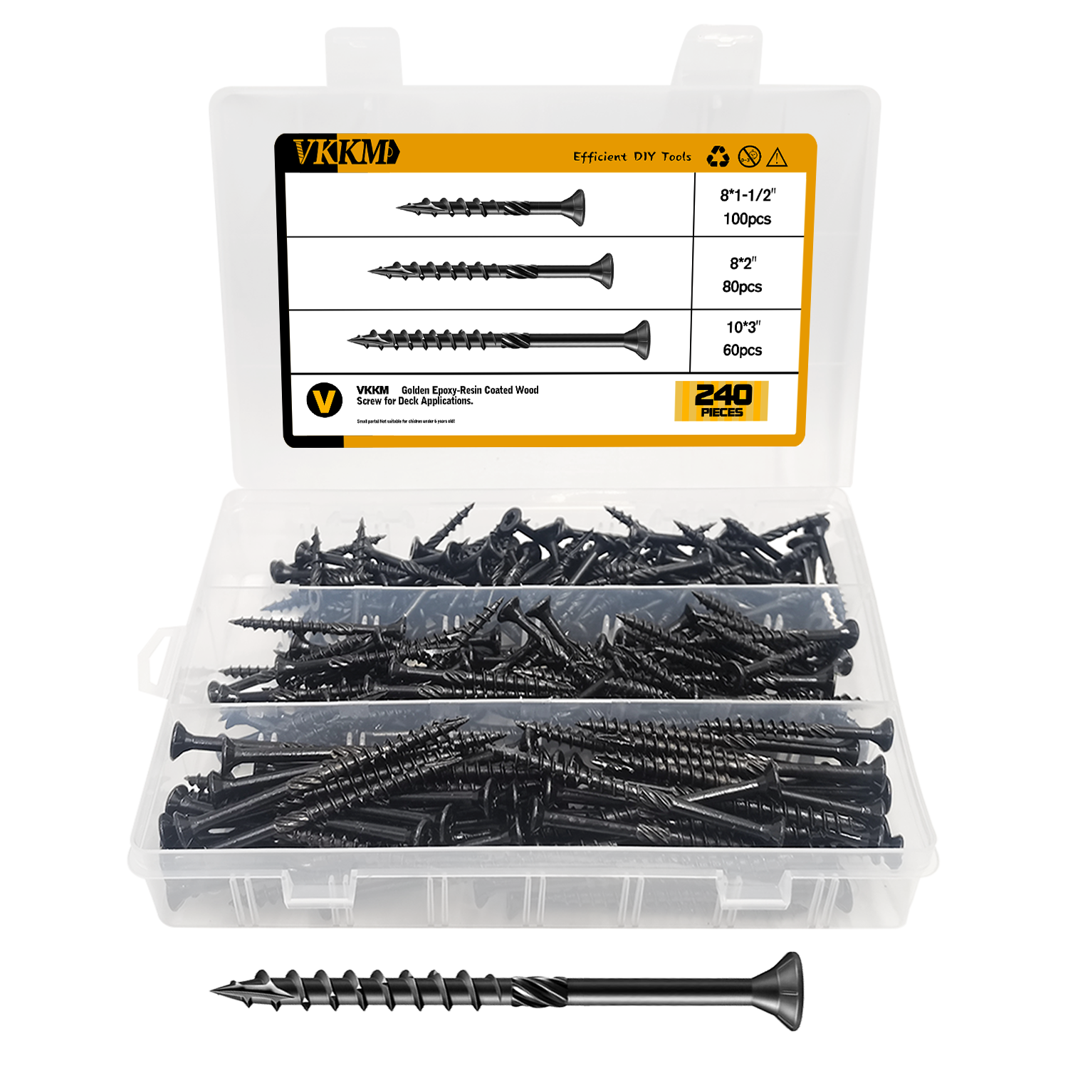 240pcs Black Deck & Wood Screws Assortment Kit, #8 x 1 - 1/ 2", #8 x 2", #10 x 3" Sizes, Epoxy - Coated for Rust Resistance, Torx Drive Head, T25 Star Bit Included, Ideal for Outdoor Decking,