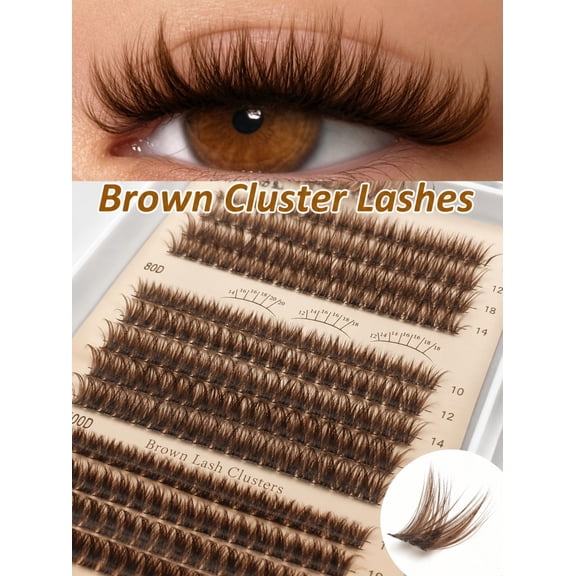 Brown Cluster Lashes, 240 Pcs D-Curl Fluffy Individual Eyelashes in 60D/80D/100D, Lightweight & Voluminous for Natural Brown Makeup & At-Home Lash Extensions