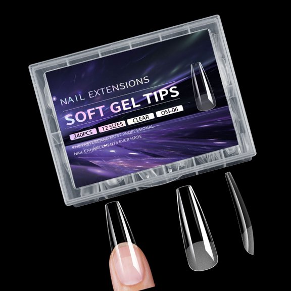 240pcs Full Cover Long Almond Coffin Shape Gel Nail Tips Transparent Artificial Nails for Salon and Home Manicure