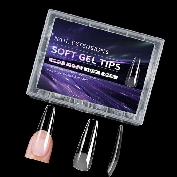 240pcs Full Covers Long Almond Coffin Shape Gel Nails Tips Transparent Artificial Nails for Salon and Home Manicure