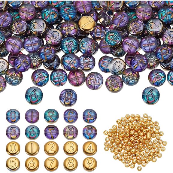 240pcs Glass Number Beads 10mm Flat Round Number Beads Rondelles AB Colorful Number Beads Small Gold Spacer Beads DIY
