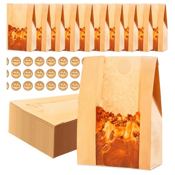 240pcs Paper Bread Bags for Homemade Bread, Sourdough Bag with Window, 13.7 x 8.3 x 3.5 Inch Large Brown Kraft Bakery Bags for Storing Loaves & Snacks, Includes 250 Sealing Stickers