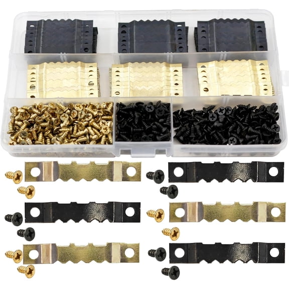 240pcs Sawtooth Picture Frame Hook Hanging Picture Hangers Kit with Screws Double Hole Accessories for Wall Mounting Paintings Photos and DIY Craft Projects (Black & Golden)