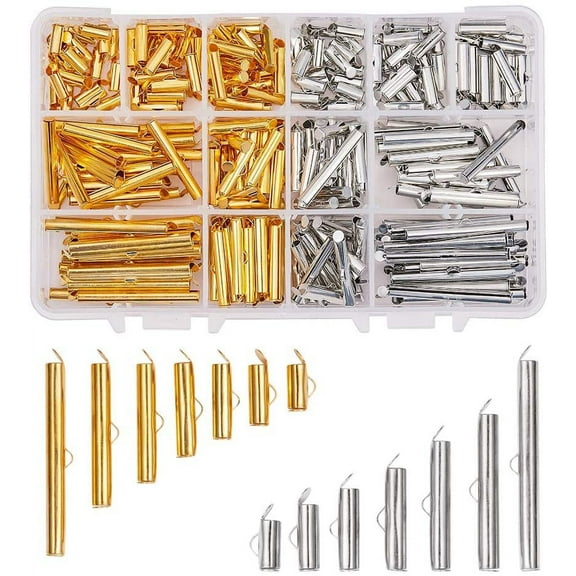 240pcs Slide On End Clasp Tubes Slider End Caps Crimp End Tube Slider Clasp for Bead Loom Slide Tube End Bar for Multi-Strand Necklace Bracelet Jewelry Making Platinum Golden 10~40mm DIY