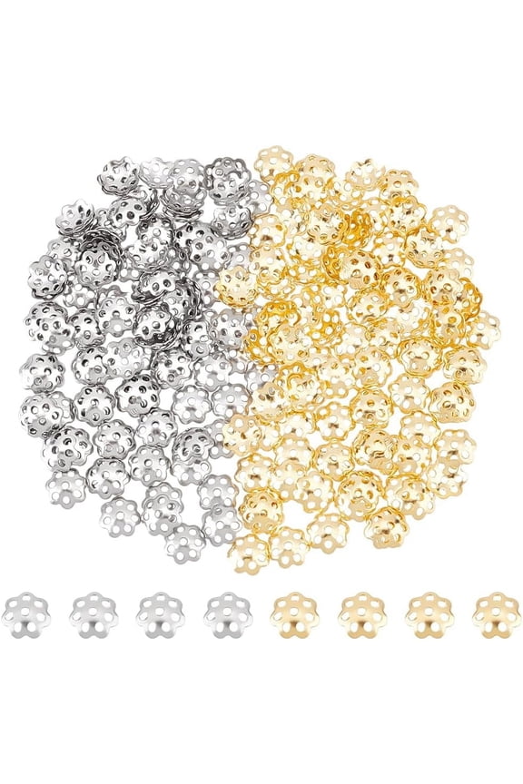 240pcs Stainless Steel Spacer Bead Caps - 2 Colors Flower End Cap Spacers Golden Metal Beads for Jewelry Making Bracelet Necklace - 6mm Diameter DIY