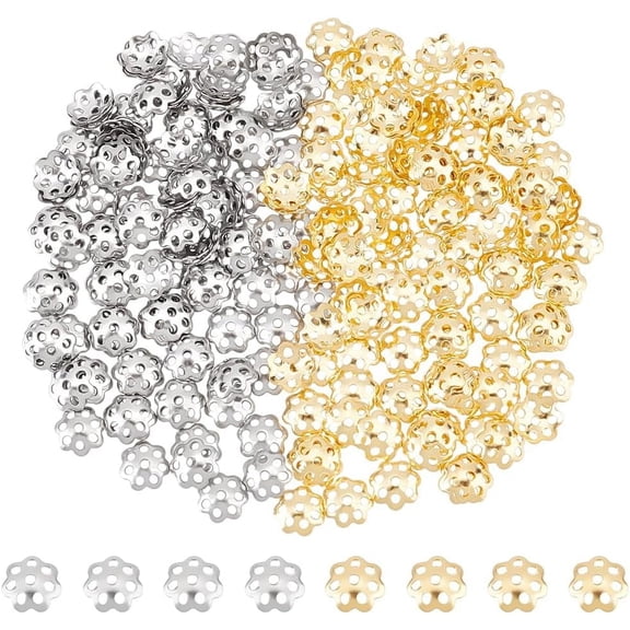 240pcs Stainless Steel Spacer Bead Caps - 2 Colors Flower End Cap Spacers Golden Metal Beads for Jewelry Making Bracelet Necklace - 6mm Diameter