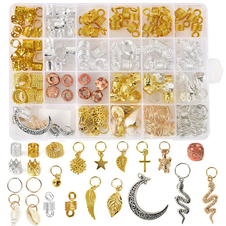 Nothers 50pcs Gold Rhinestone Hair Ring Iron Dreadlock Beads Accessories Hair Jewelry with 100 Pcs Mini Rubber Bands for Women Braids Cuff Clip (A), Size: 9.6