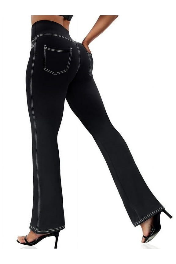 Plus Size Women's High-Waisted Flare Pants Stretchy Polyester Spandex Elastic Waist Lounge Trousers Sizes 0XL-5XL 30" Inseam