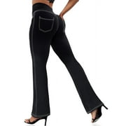 Funidos Women's High-Waisted Flare Pants Stretchy Polyester Spandex Blend Comfort Fit Elastic Waist 30"Inseam Sizes S-XXL Casual Lounge Trousers