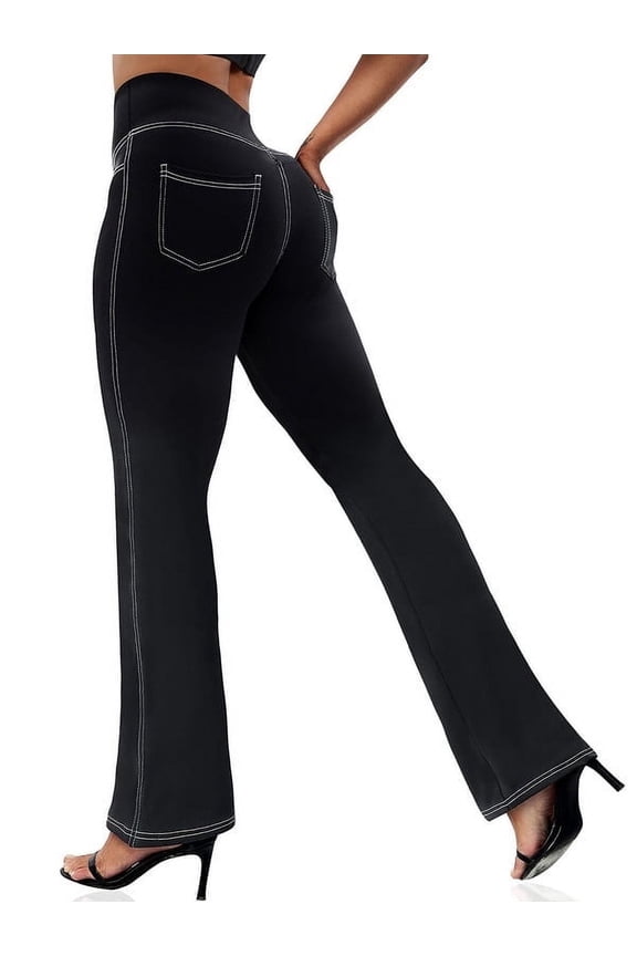 Women's High-Waisted Flare Pants Stretchy Polyester Spandex Blend Comfort Fit Elastic Waist 30"Inseam Sizes S-XXL Casual Lounge Trousers