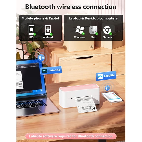 241BT Bluetooth Thermal Label Printer - 4X6 Wireless Shipping Labels Printer for Small Business, Pink