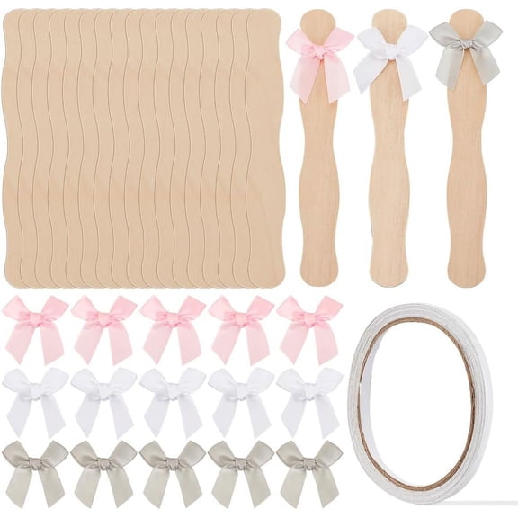 241Pcs DIY Wood Hand Fans Making Kit with 120Pcs Fan Handle Craft Sticks 120Pcs 3 Colors Bows 1 Roll 10m Adhesive Tapes DIY
