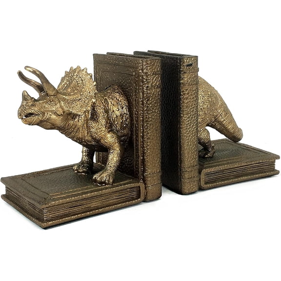 24223 Decorative Bookends Dinosaur Triceratops Animal Sculptures Torosaurus Dragon Figurine Heavy Nonskid Stoppers Bookshelf Holder Shelves Rack Dividers Support Library Office Vintage