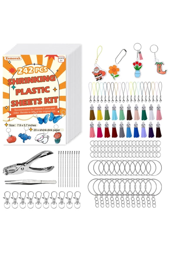 242PCS Shrink Dink Keychain Kit - Shrink Plastic Sheets with 20pcs Shrink Paper Sheets+Tools, DIY Heat Shrink Art Kit for Keychains, Rings, Charms & Crafts for Kids & Adults Creative Projects