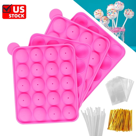 242X Silicone Cake Pop Mold Set - 2 Pack Lollipop Molds Kit with 40 Cake Pop Sticks, 100 Candy Treat Bags, and 100 Gold Twist Ties, Great For Chocolate Lollipop, Candy, Cake Pops