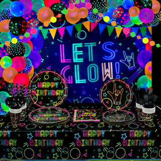 Glow Neon Party Supplies - Glow in the Dark Theme Happy Birthday Banner,  Plates, Napkins, Cup, Tablecloth, Knives, Fork, Spoon and Straws for Blacklight  Neon Party Decorations, Serves 20 Guests 