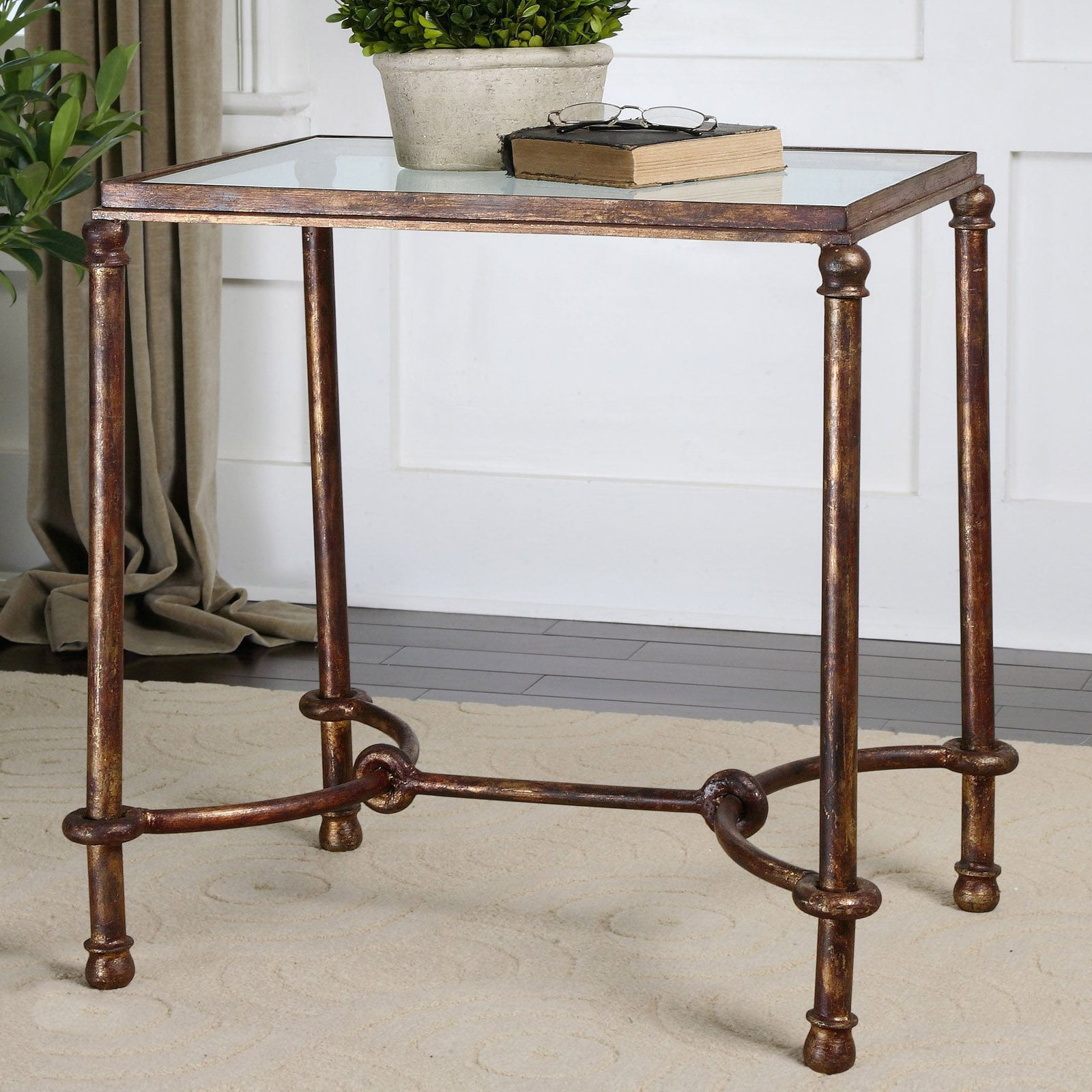 Warring Rustic Bronze and Glass Rectangular End Table