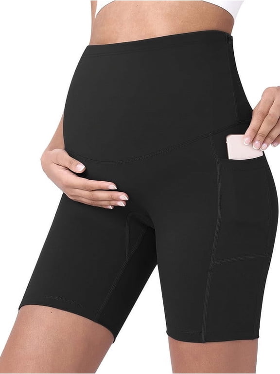 Maternity Biker Shorts Yoga Shorts for Women High-Waisted Pregnancy Workout Shorts with Pockets Stretchy Wide Elastic Waistband Pre Postpartum Activewear