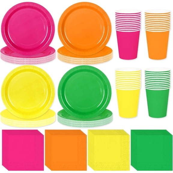 244 Pcs Neon Party Supplies Set Include 7 & 9 Inch Rainbow Color Paper Plates Napkins 9oz Cups Disposable Dinnerware for Neon Glow Birthday Baby Shower Wedding Picnic Party, Serves 48 Guests