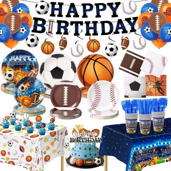 244 Pcs Sports Birthday Party Decorations - Serve 30, in One Football Basketball Baseball Soccer Party Supplies Kit with Banner, Plates, Napkins, Balloons, Tableware for Boys Sports Themed Party Y114
