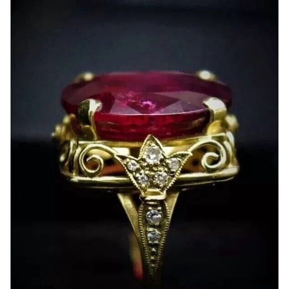 244Ct Oval Cut Lab Created Red Ruby Women's Birthday Gift Ring 14K Yellow Gold Plated Silver
