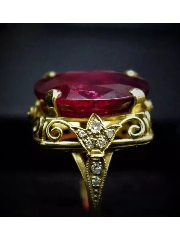 244Ct Oval Cut Lab Created Red Ruby Women's Birthday Gift Ring 14K Yellow Gold Plated Silver