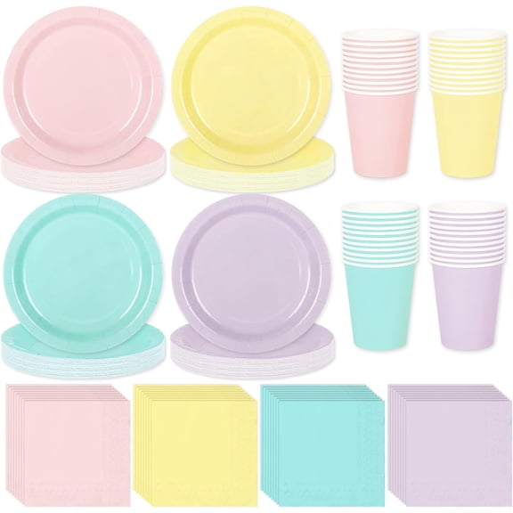244Pcs Pastel Rainbow 4 Colors Disposable Tableware Set Serves 48 Guests, Dinnerware Kit with 9" Plates,7" Dessert Plates,9oz Cups & Napkins for Spring Easter Wedding Birthday Party Decor
