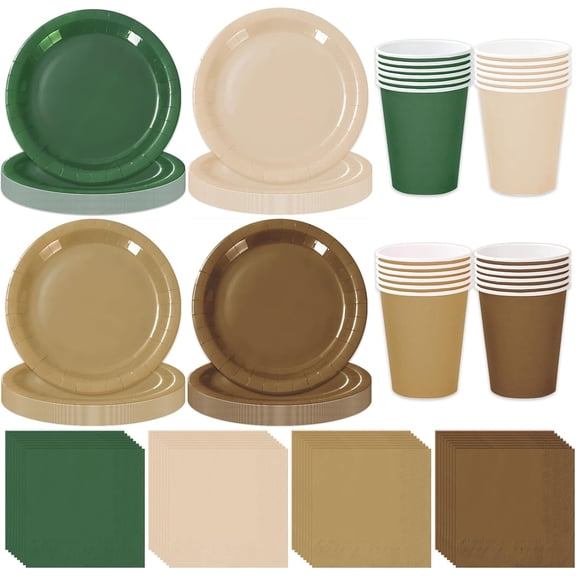 244Pcs Woodland Tableware Set Serves 48 Sage Green Brown Disposable Dinnerware 48 9" Plates 48 7" Plate 48 9oz Cups 100 Napkins for Baby Shower Forest Party Supplies