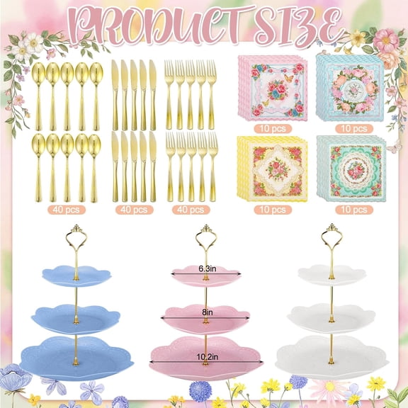 244pcs Disposable Tea Party Supplies Vintage Floral Paper Plates Cups Napkins 3 Tier Cake Stand Bunting Banner for Birthday Baby Shower Bridal Wedding Serve 40