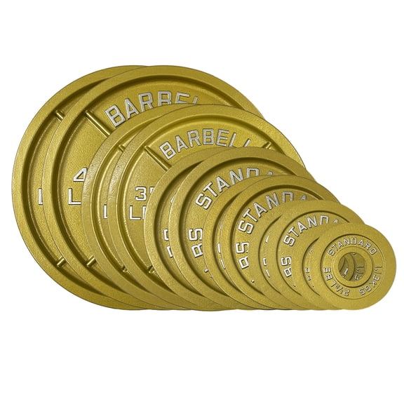 245LB Gold Olympic Steel Plate Set - 2 Inch Barbell Standard Weights in Premium Gold Finish