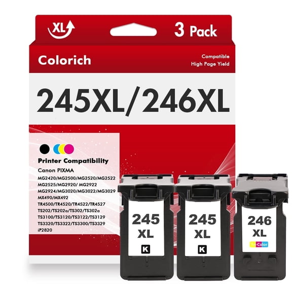 245XL 246XL Ink Cartridges Compatible for Canon PG 245XL CL 246XL Combo Pack Pixma MG2520 TS3120 TS202 TS302 MX492 MX490 TR4520 IP2820 Printer (3 Pack, Black x 2, Tri-color)