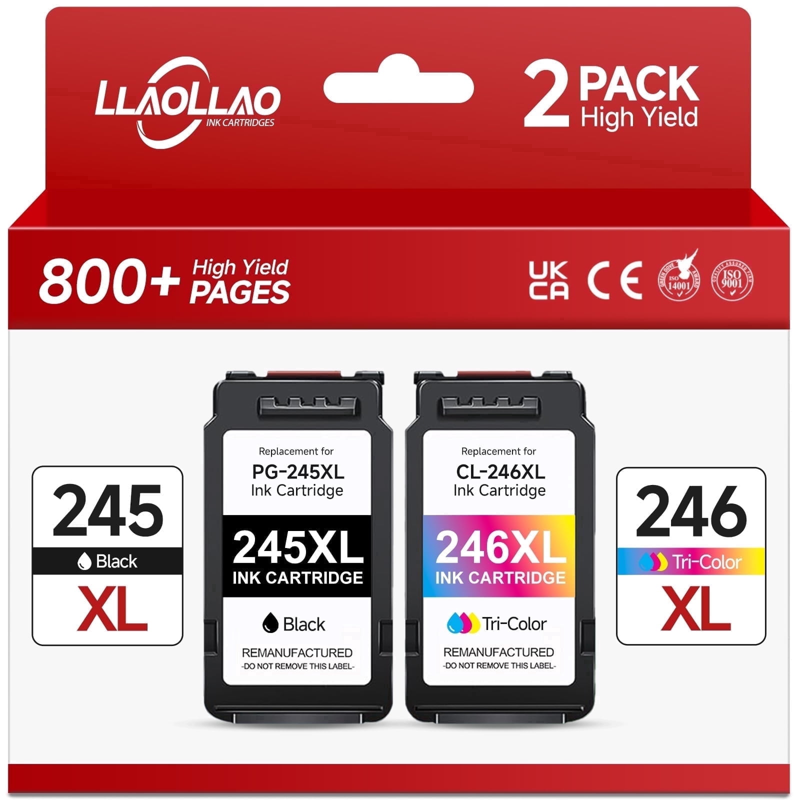 245XL Ink Cartridge Compatible for Canon ink 245 and 246 PG-245XL CL-246XL 243 244 for Canon PIXMA MG2522 TS3122 MX492 MX490 TR4500 TR4520 TS3322 Printer (1 Black, 1 Tri-Color)