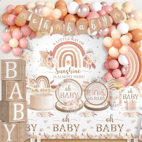 246 Pcs Boho Baby Shower Decorations, Oh Baby Banner Balloon Arch Paper Plates and Napkins Set, Baby Girl Shower Decorations Girl Its a Girl Baby Shower Decorations for Girl