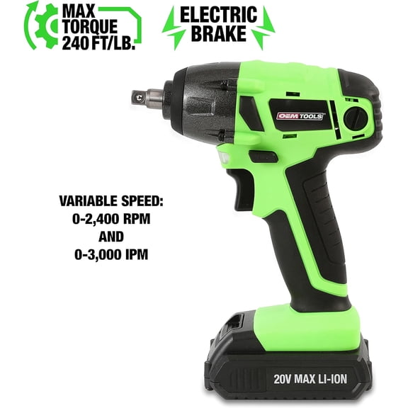 24661 3/8" Cordless Impact Wrench, 20V Battery, 240 Ft/Lb Nut-Busting Torque, Variable Speed With Electric Brake