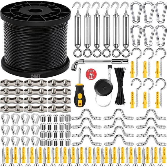 246FT Black Vinyl Coated 304 Stainless Steel Wire Rope Cable Kit – Heavy Duty Outdoor String Light Hanging Guide Wire with M5 Turnbuckle for Patio, Garden, Christmas Lights