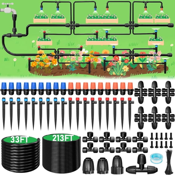 246FT Drip Irrigation System, Automatic Kit with 1/2" Main Tube & 1/4" Branch Tubing, Adjustable Emitters, Garden Watering System for Flower Bed, Raised Beds, Lawn, Greenhouses