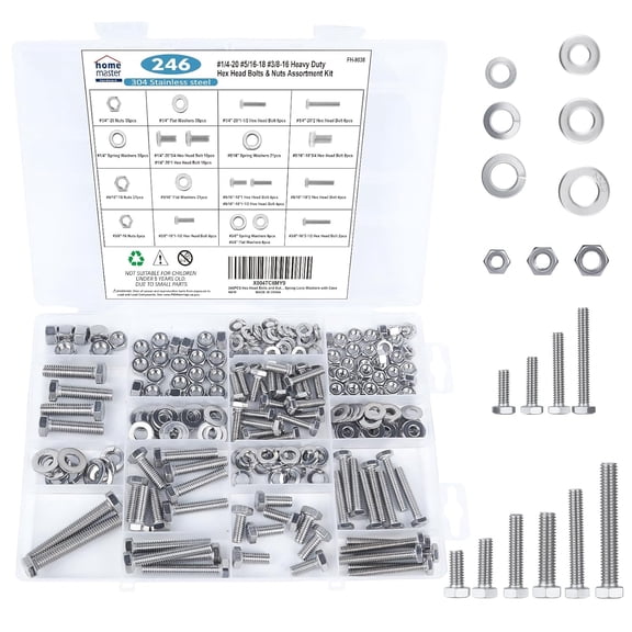 246Pcs Hex Head Bolts and Nuts Assortment Kit, Stainless Steel Bolts and Nuts kit, 1/4-20, 5/16-18, 3/8-16 Assorted Nuts Bolts and Flat & Spring Lock Washers Set with Case