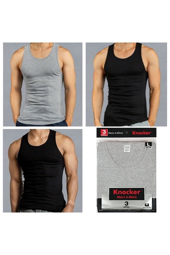 Men's Essentials Knocker PACK OF 3 Solid Cotton Lightweight Tank - Black (2), Heather Gray (1) - SIZE MEDIUM