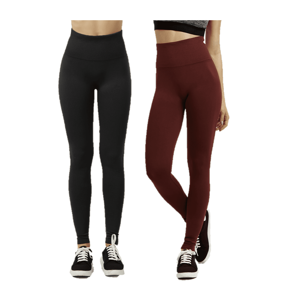 Women's Active Essentials PACK OF 2 SOFRA High Waist Tummy Control Extra Wide Band Stretch Solid Ankle Length Unlined Leggings Black & Burgundy EX907_2PK1
