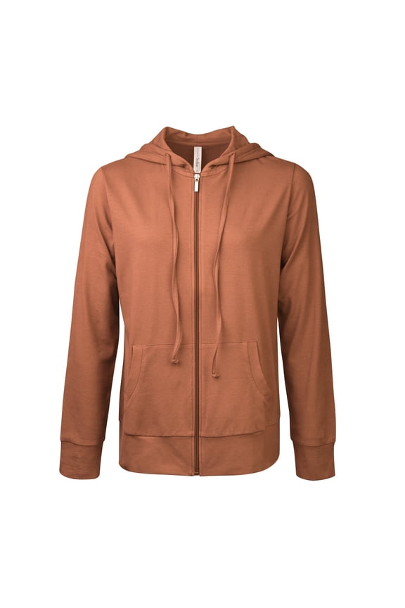 Women's Active Essentials Sofra Cottonbell Lightweight Full Zip Drawstring Cotton Hoodie with Front Pouch Pockets - Brick ( WALMART EXCLUSIVE )