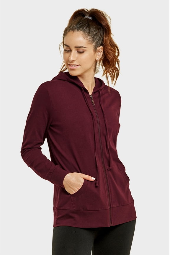 Women's Active Essentials Sofra Cottonbell Lightweight Full Zip Drawstring Cotton Hoodie with Front Pouch Pockets - Burgundy ( WALMART EXCLUSIVE )