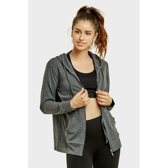 247 Frenzy Women's Active Essentials Sofra Cottonbell Lightweight Full Zip Drawstring Cotton Hoodie with Front Pouch Pockets - Charcoal Gray ( WALMART EXCLUSIVE )