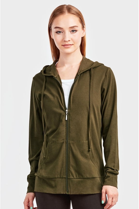 Women's Active Essentials Sofra Cottonbell Lightweight Full Zip Drawstring Cotton Hoodie with Front Pouch Pockets - Olive ( WALMART EXCLUSIVE )