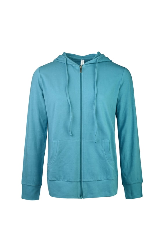 Women's Active Essentials Sofra Cottonbell Lightweight Full Zip Drawstring Cotton Hoodie with Front Pouch Pockets - Steel Blue ( WALMART EXCLUSIVE )