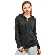 247 Frenzy Women's Active Essentials Sofra Cottonbell Lightweight Full Zip Drawstring Cotton Hoodie with Front Pouch Pockets - Black