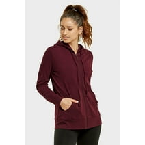 247 Frenzy Women's Active Essentials Sofra Cottonbell Lightweight Full Zip Drawstring Cotton Hoodie with Front Pouch Pockets - Burgundy