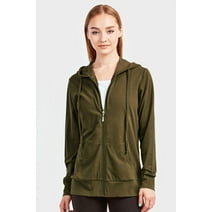 247 Frenzy Women's Active Essentials Sofra Cottonbell Lightweight Full Zip Drawstring Cotton Hoodie with Front Pouch Pockets - Olive