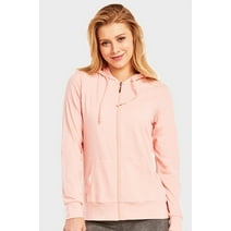 247 Frenzy Women's Active Essentials Sofra Cottonbell Lightweight Full Zip Drawstring Cotton Hoodie with Front Pouch Pockets - Peach
