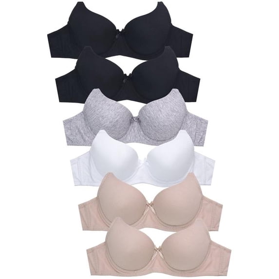 247 Frenzy 247FA-BR4560P -32B Womens Essentials Full Coverage Cotton Blend Neutral Color T-Shirt Bras - Missy & Plus - Size 32B - Pack of 6